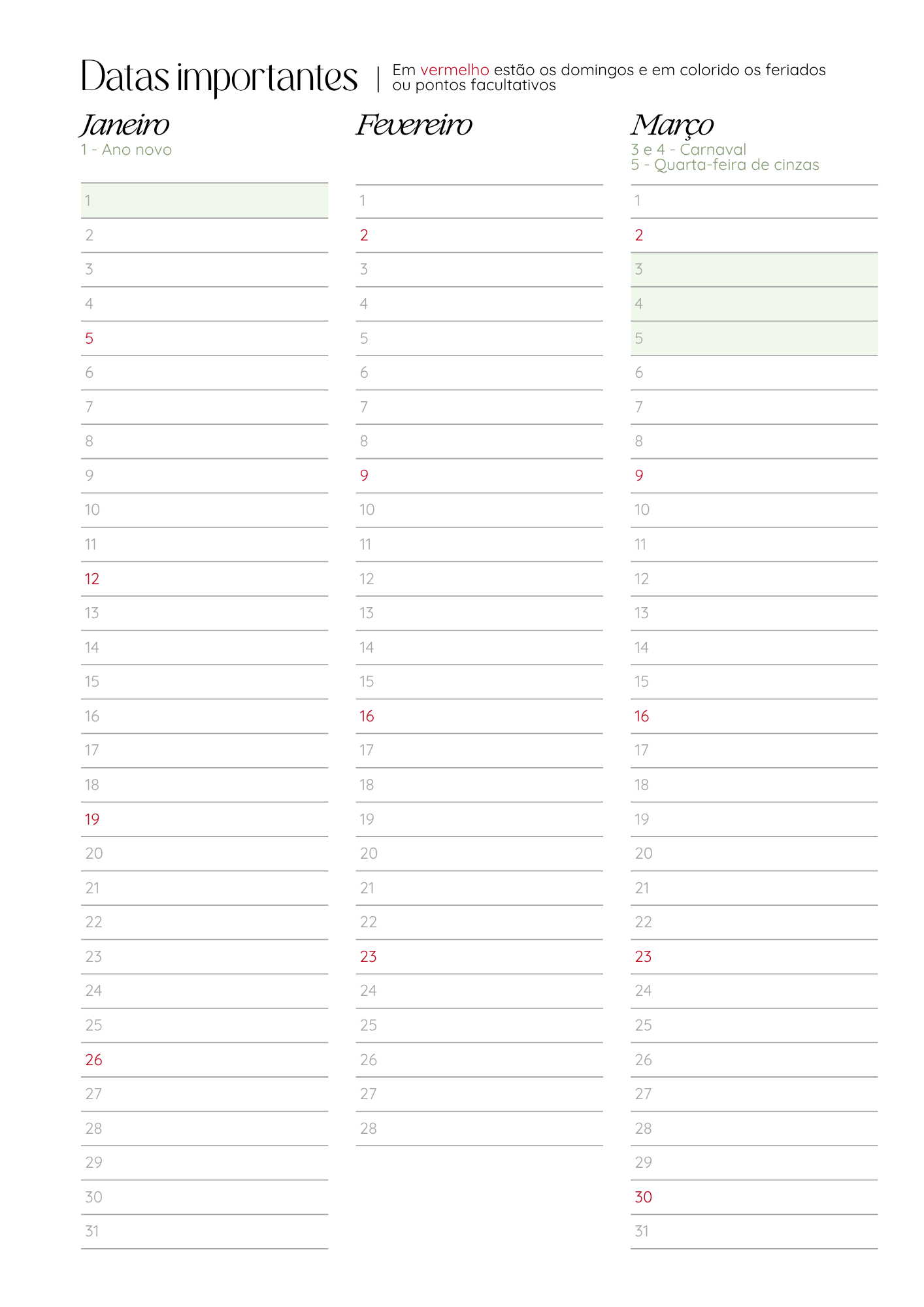 Página Datas importantes
